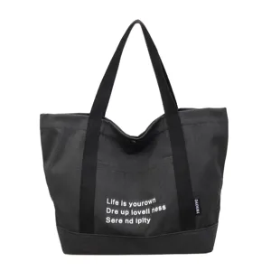 Black Canvas Tote Bag Casual Large Capacity Shoulder Handbag for Women Daily Commute