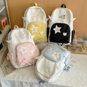 Zaino stile college giapponese a pois con ali e ricamo di stelle per studenti e ragazze.