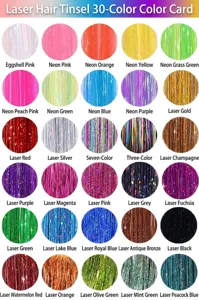Hair tinsel color chart showing thirty vibrant laser metallic shiny hair extensions options.