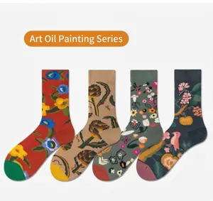 Detailed view of retro oil painting style floral print cotton mid-tube socks in four pairs.