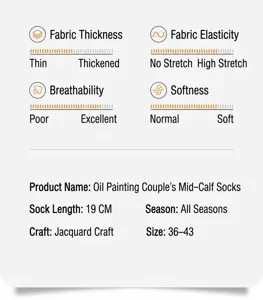 Detailed specification infographic showing sock thickness, elasticity, and size chart info.