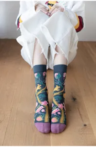 Retro floral cotton socks detail shot showcasing vintage animal and plant patterns for daily wear.
