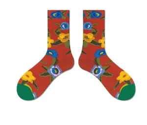 Vintage floral mid-calf cotton socks for men and women stylish street wear red socks