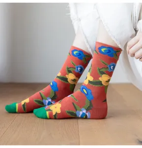 Detail view of retro floral cotton mid-calf socks with vibrant colors and soft texture.