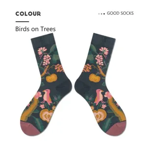 Vintage floral crew socks for men and women, stylish street wear cotton socks with bird print.