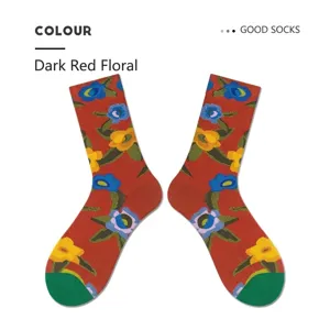 Vintage floral mid-calf cotton socks in deep red, stylish street fashion couple socks.