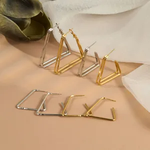 Elegant French stainless steel triangle hoop earrings, minimalist geometric fashion jewelry.
