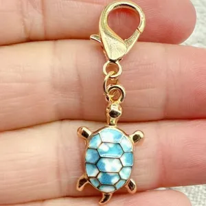 Cute turtle keychain bag pendant with lobster clasp, colorful printed cartoon design.
