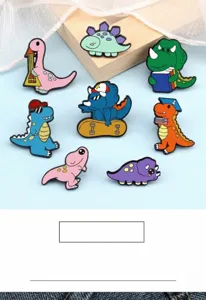 Close up of colorful cartoon dinosaur enamel pins, cute metal badges for bag decoration.