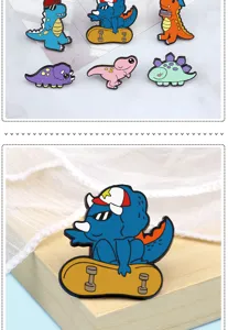 Close-up detail of cute cartoon dinosaur metal enamel brooch badge, perfect backpack pin decor.