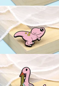 Cute pink dinosaur metal enamel pin badge, cartoon animal brooch for bags and clothes decor.