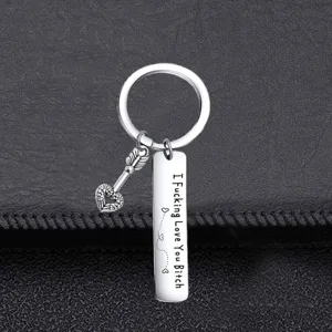 Stainless steel keychain with arrow pendant and engraved romantic quote for couples and friends.