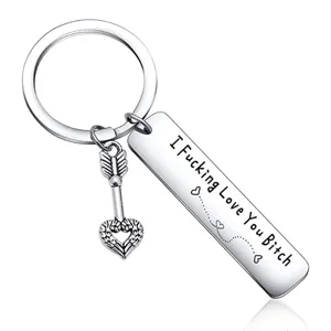 Stainless steel engraved keychain with arrow heart pendant and romantic novelty text for couples.