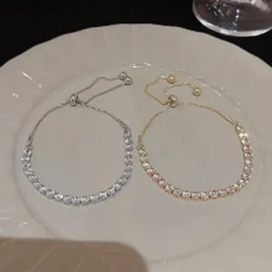 Luxury Copper Rhinestone Adjustable Pull Bracelet For Women Geometric Round Sparkly Chain Bracelet Delicate Elegant Fashion Hand Jewelry Gift