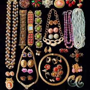 Detailansicht des Vintage Goldschmuck-Sets mit kunstvollen Ketten, Perlen und Broschen.