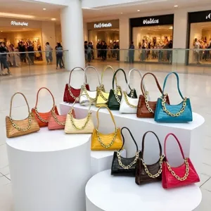 Crocodile pattern baguette bag, stylish shoulder handbag with chunky chain for women.