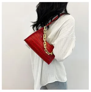 Red crocodile pattern baguette shoulder bag with chunky gold chain, chic daily handbag for women.