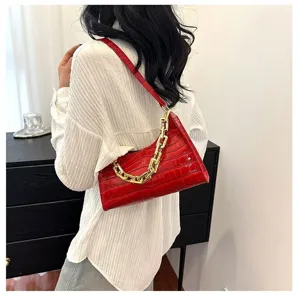 Red crocodile pattern baguette shoulder bag, chic women handbag with chunky gold chain.