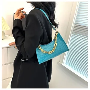 Croco embossed baguette shoulder bag for women, chic trendy PU leather underarm handbag.
