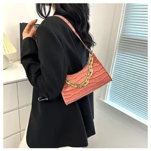 Pink crocodile pattern underarm shoulder bag with stylish chunky gold chain for women fashion