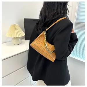 Chic crocodile pattern baguette shoulder bag with gold chain, trendy underarm purse for women.