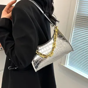 Silver metallic crocodile embossed baguette shoulder bag with stylish chunky gold chain strap