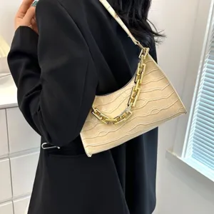 Chic crocodile pattern baguette shoulder bag with chunky gold chain for daily fashion.