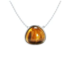 Close-up view of the irregular triangular gemstone pendant with brilliant chatoyant luster.