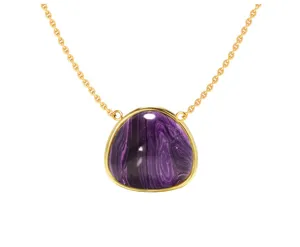 Detailed close-up of a golden chain necklace featuring a purple patterned gemstone pendant.