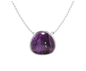 Detailed view of the elegant geometric purple stone pendant necklace featuring a silver chain.