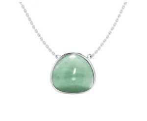 Detailed close-up view of a geometric triangular bezel-set green stone pendant necklace.