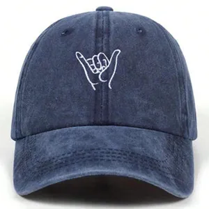 Unisex vintage washed cotton baseball cap with white gesture embroidery for outdoor activities.