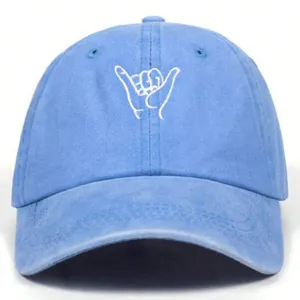 Washed cotton baseball cap with white shaka hand sign embroidery for outdoor sports daily.