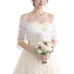 Bridal tulle shawl off-shoulder arm cover wrap wedding dress accessory with pearl bead details