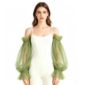 Sheer tulle sleeve detail, transparent mesh arm covers, elegant ruffle cuffs for women's arm sun protection.