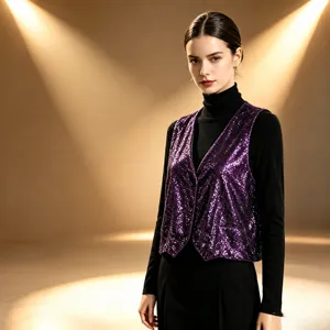 Women Sequin Velvet Vest V-Neck Sleeveless Open Front Cardigan Top Casual Commute Party Fashion Outerwear