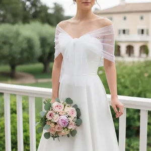 Bridal off-the-shoulder tulle shawl with delicate pearls, elegant sheer wedding cape wrap for women.