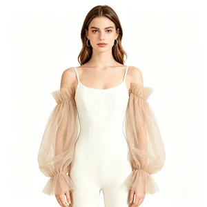 Sheer mesh arm sleeves detail showing delicate tulle puff design and elastic cuffs for women.