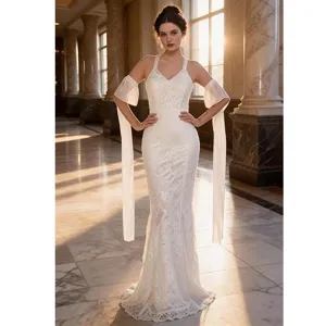Stunning white lace mermaid evening gown featuring elegant long chiffon draped sleeves.