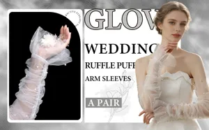 White mesh pearl bridal arm sleeves, elegant wedding ruffle tulle gloves for women.