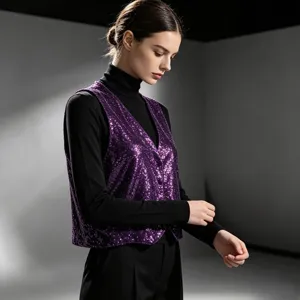 Close-up detail of a stylish purple sequin vest paired with a black turtleneck sweater.