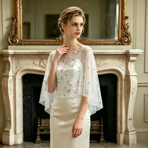 Elegant sheer tulle embroidered cape shawl for women evening party dress floral mesh wrap top