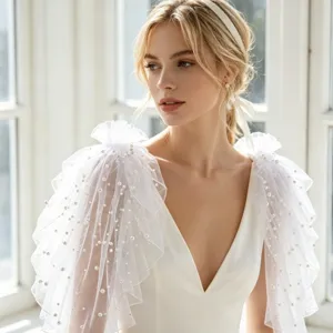 Detachable pearl tulle shoulder sleeves for women, elegant bridal accessory cape, white mesh.