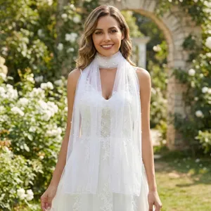 Bridal white tulle pearl shawl wedding veil elegant sheer shoulder cover wrap accessory