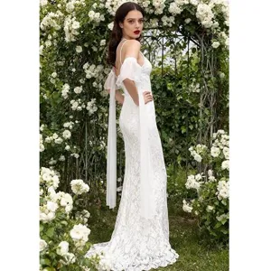 White lace long dress with flowing chiffon sleeves elegant bridal gown for romantic garden