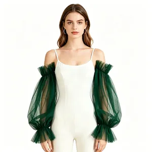 Sheer mesh sleeve detail showing dramatic puffy lantern sleeves and elastic cuffs for arm coverage.
