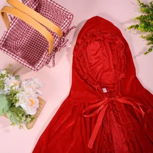 Red velvet hooded cloak cape for cosplay, Halloween and Christmas costume wear.