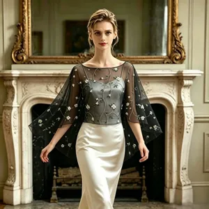 Sheer mesh embroidered capelet elegant evening party shawl floral vintage style wrap top
