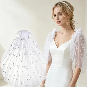 White pearl mesh detachable shoulder sleeves bridal accessory for elegant wedding dresses.