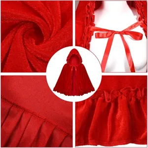 Red velvet hooded cape for Christmas cosplay, Halloween costume shawl with bow tie.